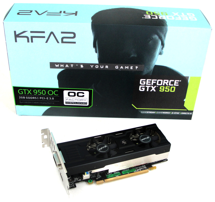 Die schlanke GeForce GTX 950 OC LP Grafikkarte von KFA2 samt Verpackung abgelichtet.