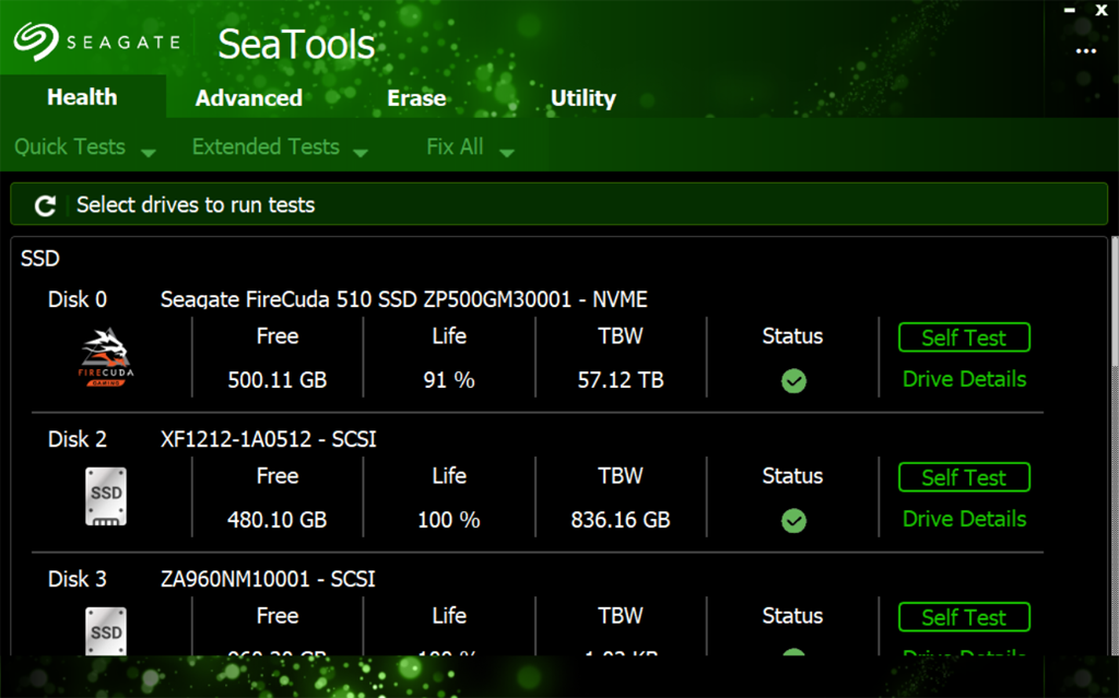 Seagate SeaTools zur Diagnose von SSDs (Bild: Seagate).