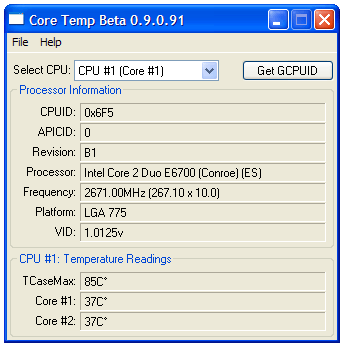 Temperaturmessungen mit Core Temp im Falle des Core 2 Duo E6700 (ohne C1E und EIST).