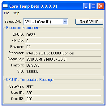 Temperaturmessungen mit Core Temp beim neuen Core 2 Extreme X6800 (aktiviertes C1E und EIST).