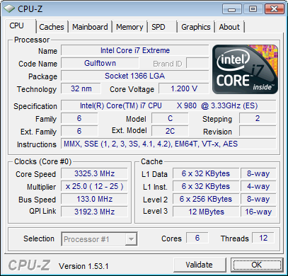 CPU-Z Screenshot des Core i7-980X, den wir für unser Review zur Verfügung hatten.