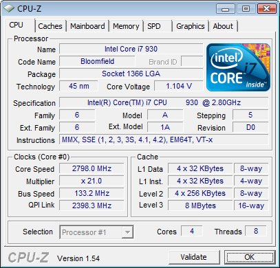 CPU-Z Screenshot des Core i7-930, den wir für unser Review zur Verfügung hatten.