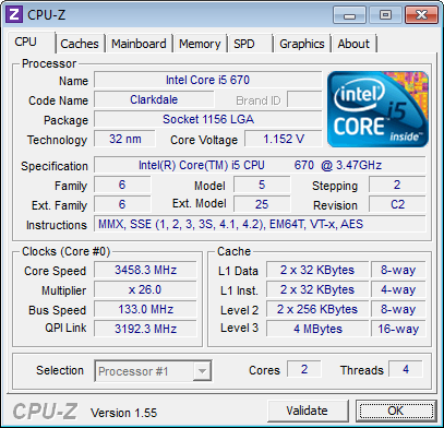 CPU-Z Screenshot des Core i5-670, den wir für unser Review zur Verfügung hatten.