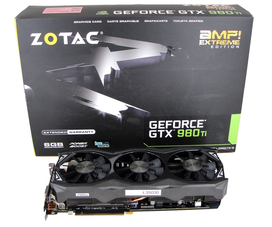 Abgelichtet: Die ZOTAC GeForce GTX 980 Ti AMP! Extreme Edition inklusive Verpackung.