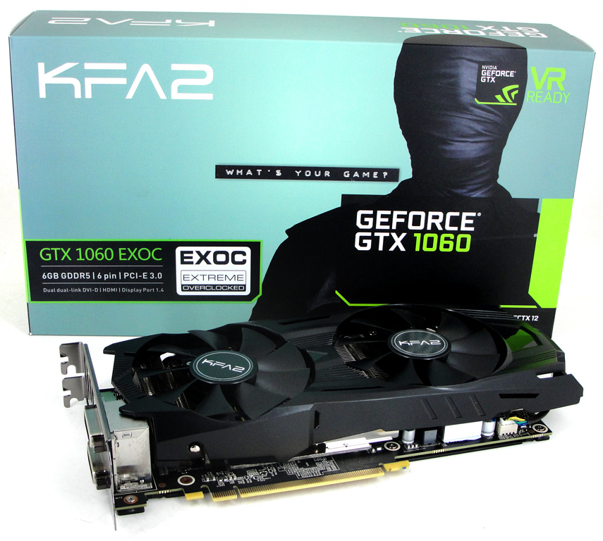 Die neue KFA2 GeForce GTX 1060 EXOC Grafikkarte samt Verpackung abgelichtet.