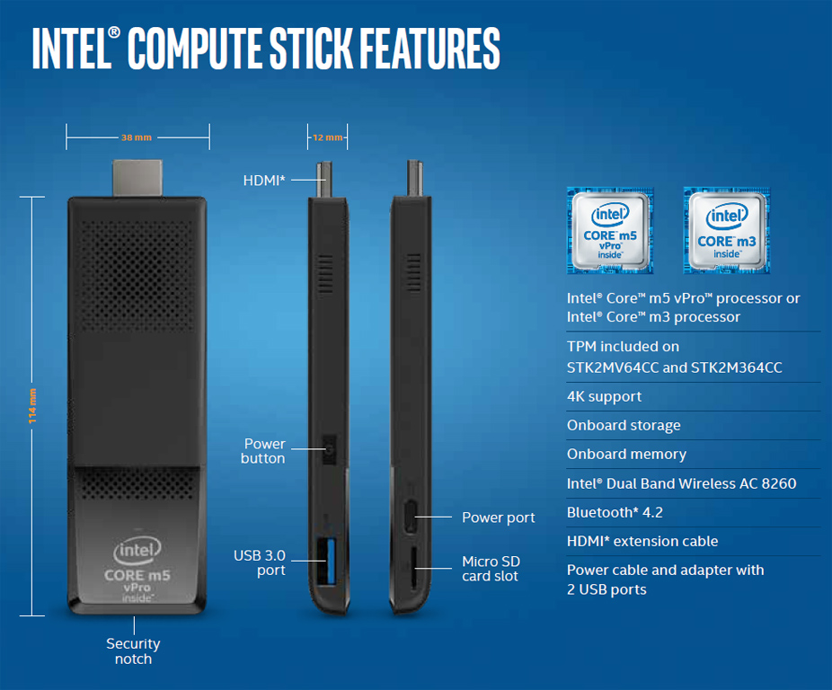Der Intel Compute Stick inkl. Bemaßungen.