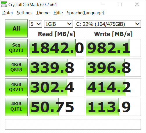 CrystalDiskMark-Ergebnisse der Intel SSD 660p mit 512 GB.